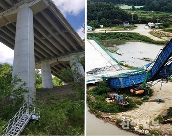 주말 작업 중 사고가 발생했던 대전-당진고속도로 교량(왼쪽)과 평택국제대교.(사진=국토부)
