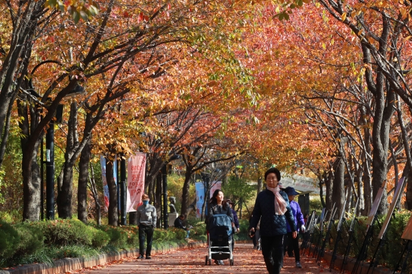 2일 서울 석촌호수에서 열린 '2018 잠실 석촌호수 단풍·낙엽축제'에서 시민들이 길을 걷고 있다. (사진=연합뉴스)
