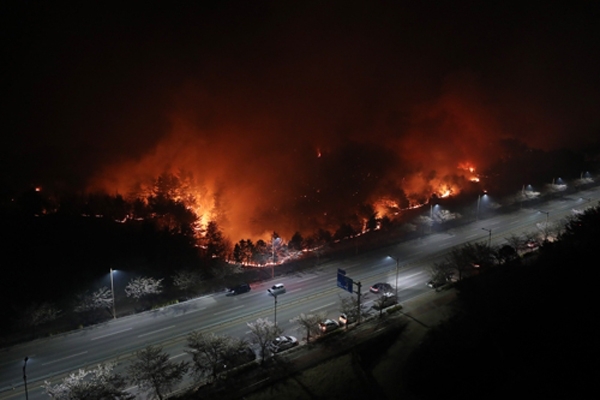 지난 4일 강원 고성군 토성면에서 시작된 산불이 미시령로 주변으로 빠르게 확산되고 있다. (사진=연합뉴스)