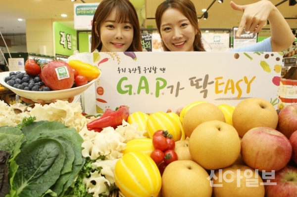 16일 롯데마트 서울역점에서 모델들이 ‘GAP 인증 채소·과일’을 소개하고 있다. (사진=롯데마트)