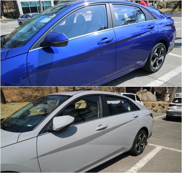 현대자동차 ‘올 뉴 아반떼’ 인텐스 블루 색상 측면(위)과 사이버 그레이 색상 측면(아래). (사진=이성은 기자)