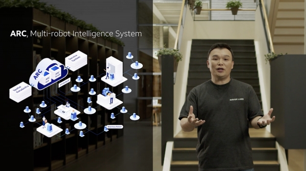석상옥 네이버랩스 대표가 25일 열린 'DEVEIW 2020'에서 멀티 로봇 인텔리전스 시스템 ARC에 대해 설명 하고 있다.(이미지=네이버)