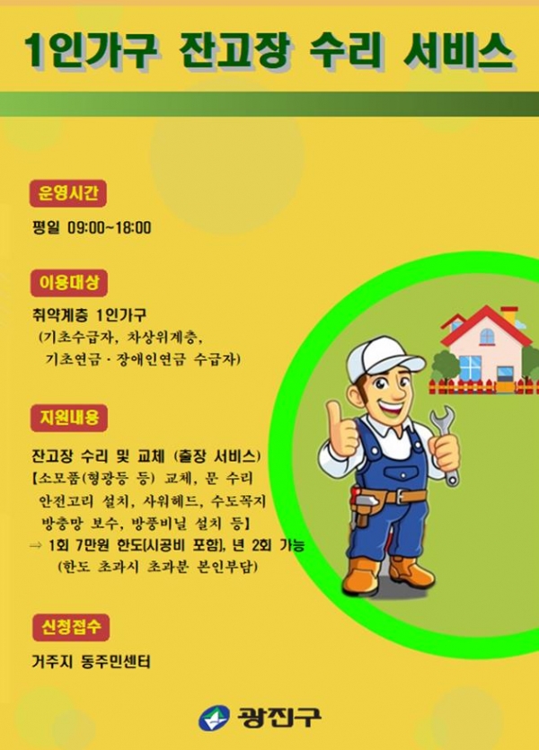 서울시 광진구가 올해부터 지역 내 철물점과 연계해 취약계층 1인 가구의 주택 잔고장 수리비용을 지원한다. (사진=광진구)