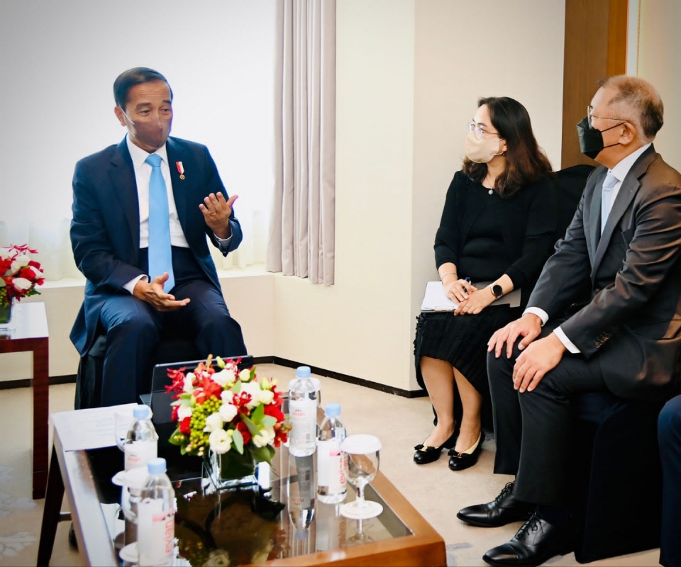 정의선 현대자동차그룹 회장이 28일 한국을 방문한 조코 위도도 인도네시아 대통령과 면담하는 모습. [사진=현대자동차그룹]