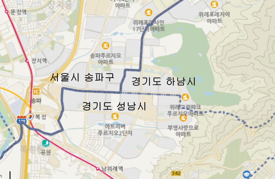 서울시 송파구와 경기도 성남·하남시로 나뉜 위례신도시. (자료=브이월드)