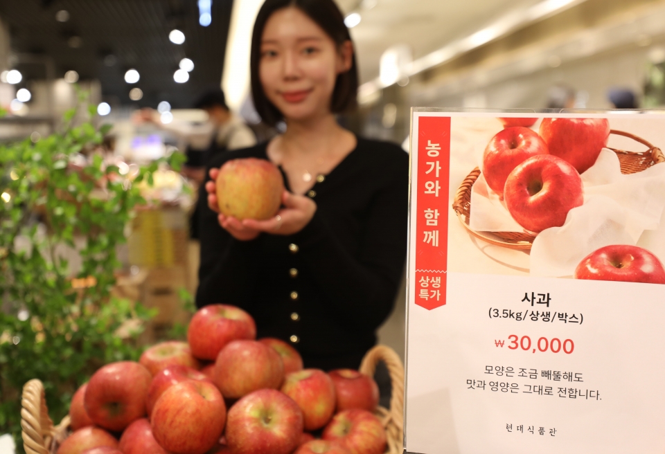 현대백화점 직원이 무역센터점 지하 1층 식품관에서 상생특가 사과를 소개하고 있다. [사진=현대백화점]