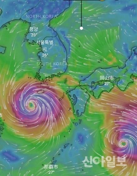 제19호 태풍 솔릭이 제주 해상을 지나 서해안 해상으로 북상 중인 가운데 일본 해상에서 발생한 제20호 태풍 시마론이 북상하고 있다.(사진=windy.com 캡쳐)