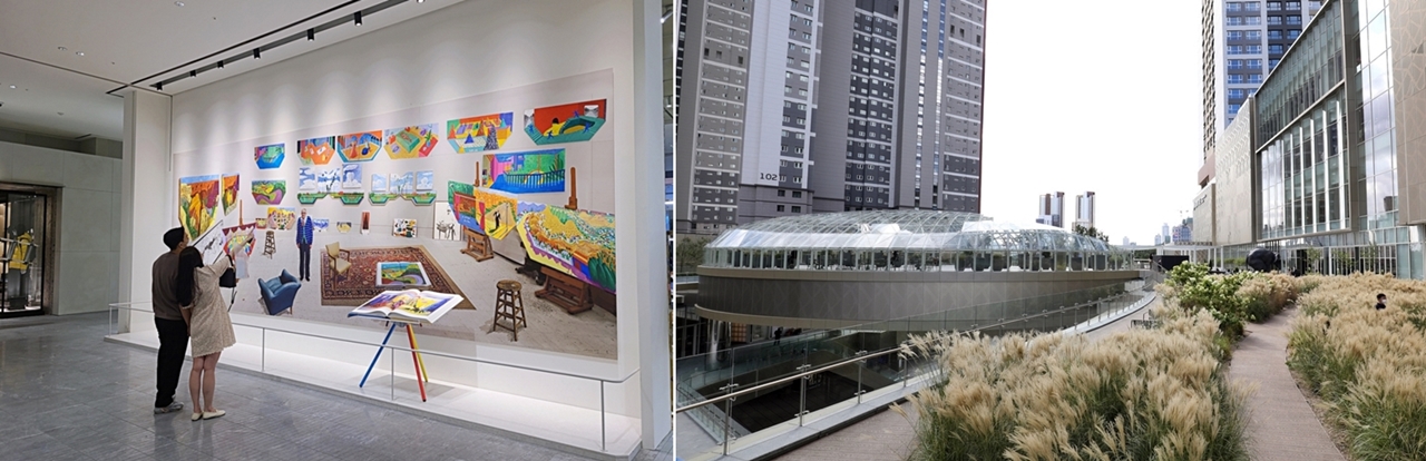 1층 데이비디 호크니 작품이 전시된 공간(왼쪽)과 2층 휴게공간인 '더 테라스'(오른쪽)[사진=롯데쇼핑]