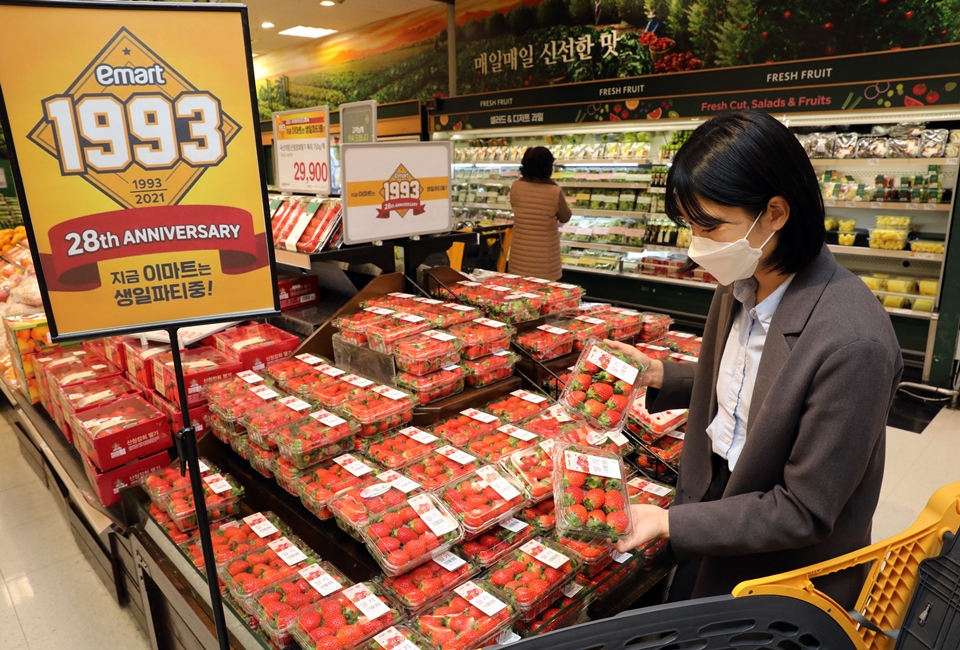 한 소비자가 이마트 점포를 찾아 딸기를 살펴보고 있다.[사진=이마트]