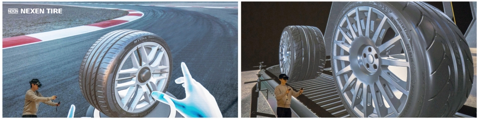 넥센타이어 직원이 VR장비를 활용해 타이어 디자인 품평을 진행하고 있다. [사진=넥센타이어]