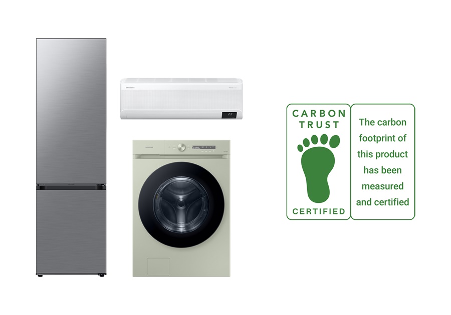 삼성전자 세탁기·냉장고·에어컨 제품과 탄소발자국 인증 로고.[이미지=삼성전자]